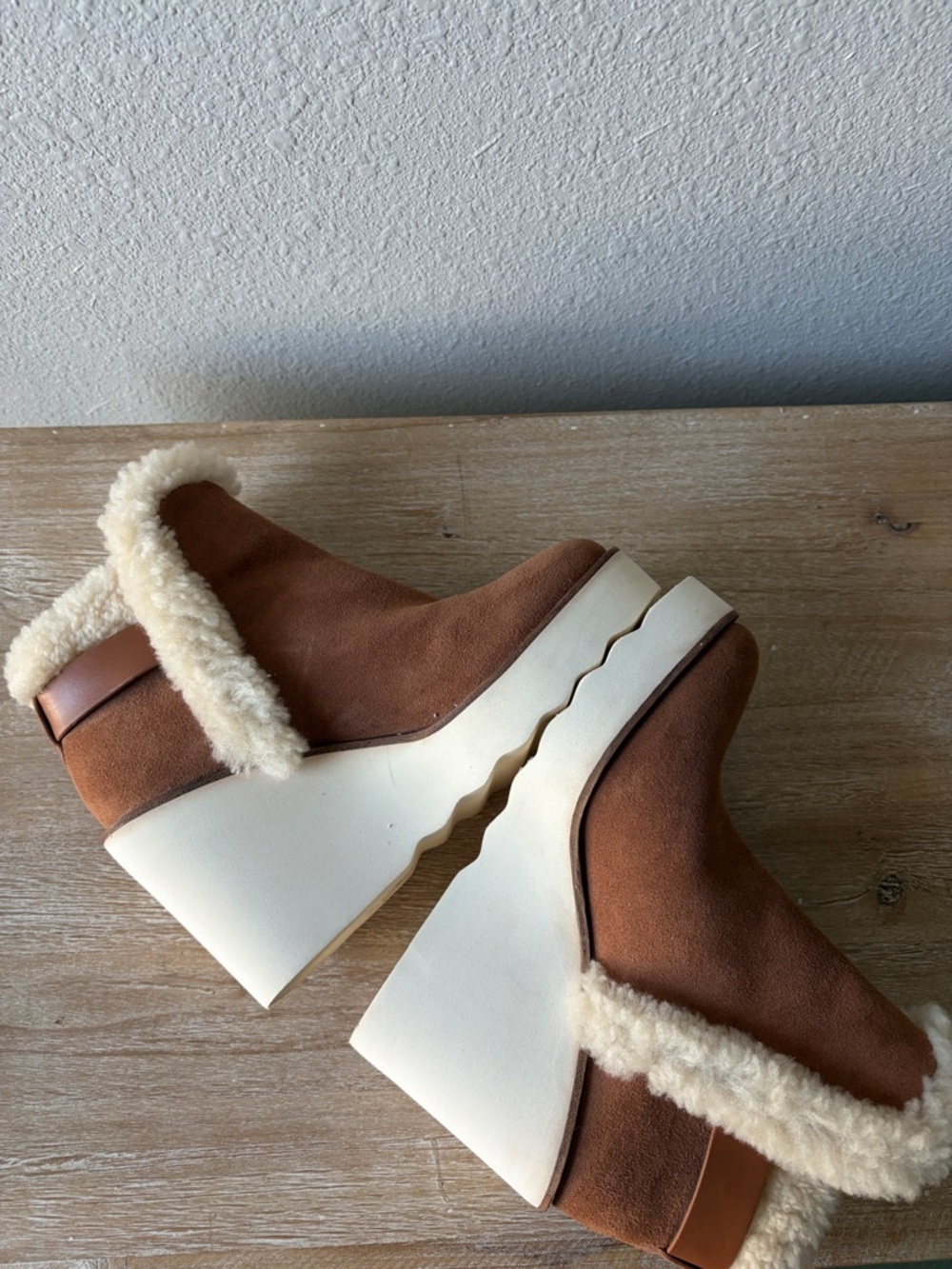 COACH Kingston Tan Suede Wedge Boot with Shearling Trim - Picture 8 of 13